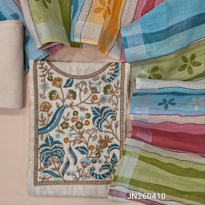 Designer light beige soft silk cotton unstitched salwar material,(light weight,lining needed)(BLUE) rich embroidery & sequins work on yoke,matching spun cotton bottom, multicolour semi linen dupatta with gold tissue borders. JN260410