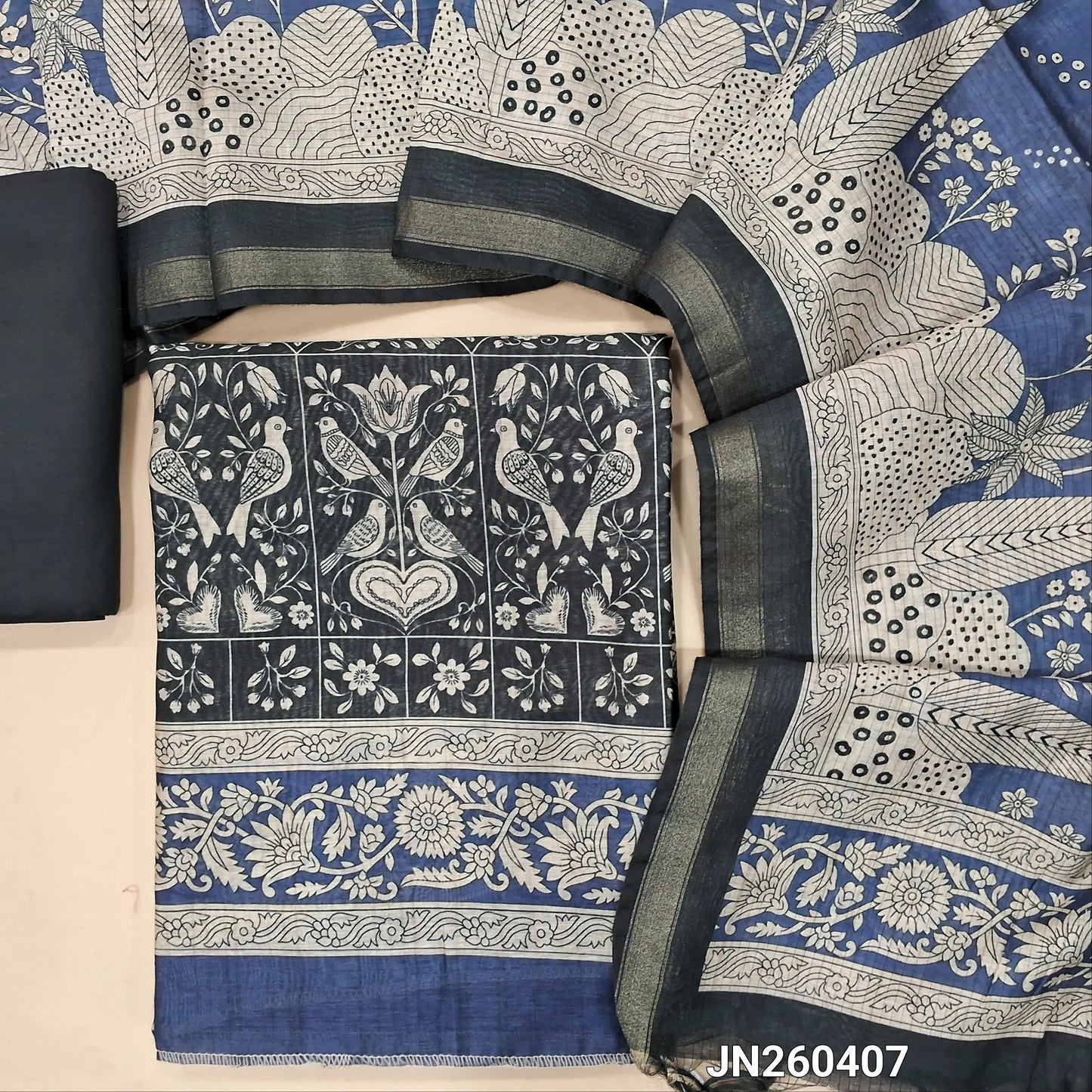 Black & blue digital printed silk cotton unstitched salwar material(light weight,lining needed)bird printed all over,matching spun cotton bottom,digital printed soft silk cotton dupatta with gold tissue borders. JN260407