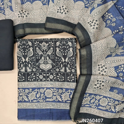 Black & blue digital printed silk cotton unstitched salwar material(light weight,lining needed)bird printed all over,matching spun cotton bottom,digital printed soft silk cotton dupatta with gold tissue borders. JN260407