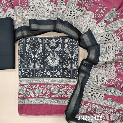 Black & pink digital printed silk cotton unstitched salwar material(light weight,lining needed)bird printed all over,matching spun cotton bottom,digital printed soft silk cotton dupatta with gold tissue borders. JN260408