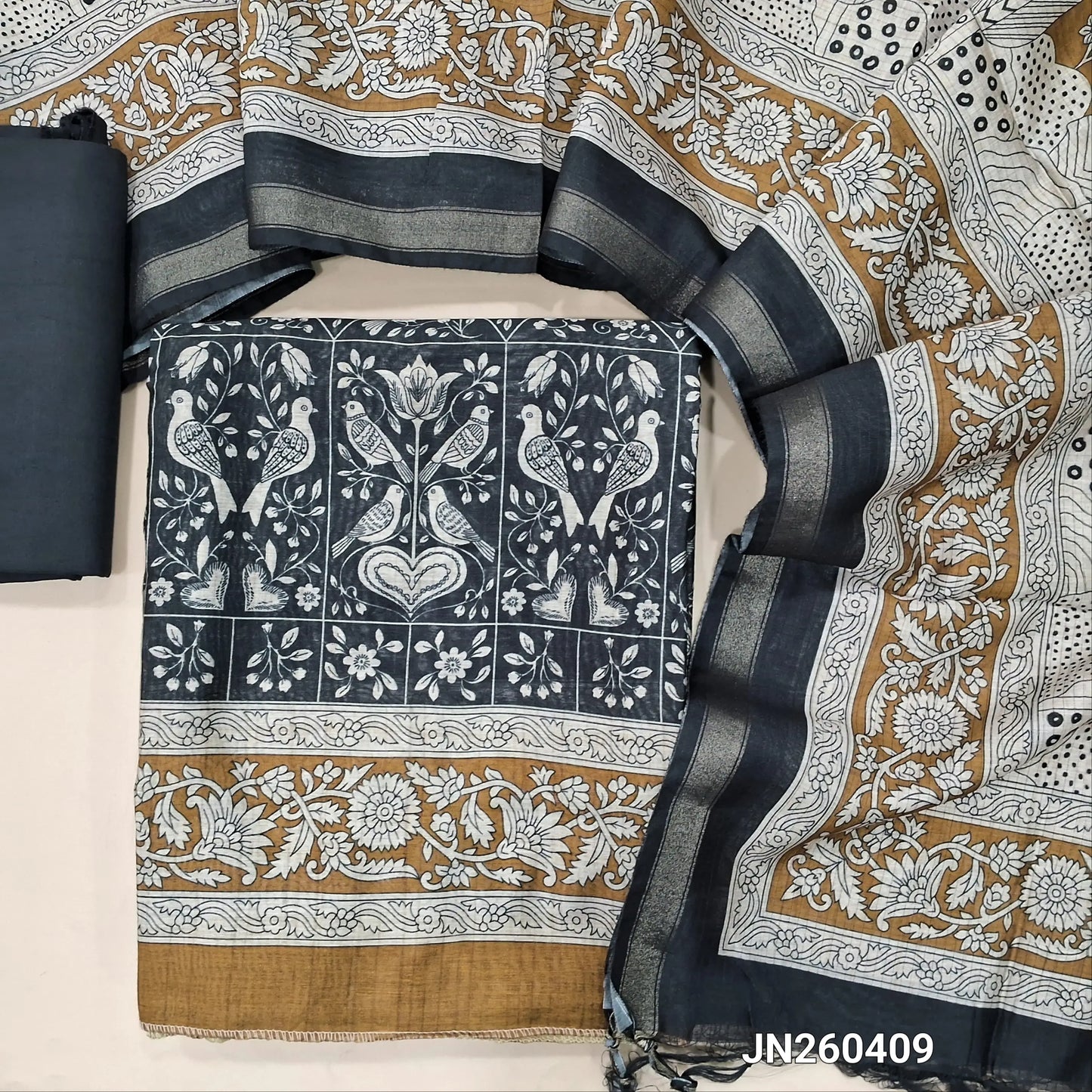 Black &mehandhi yellow digital printed silk cotton unstitched salwar material(light weight,lining needed)bird printed all over,matching spun cotton bottom,digital printed soft silk cotton dupatta with gold tissue borders. JN260409