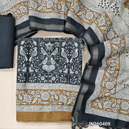 Black &mehandhi yellow digital printed silk cotton unstitched salwar material(light weight,lining needed)bird printed all over,matching spun cotton bottom,digital printed soft silk cotton dupatta with gold tissue borders. JN260409