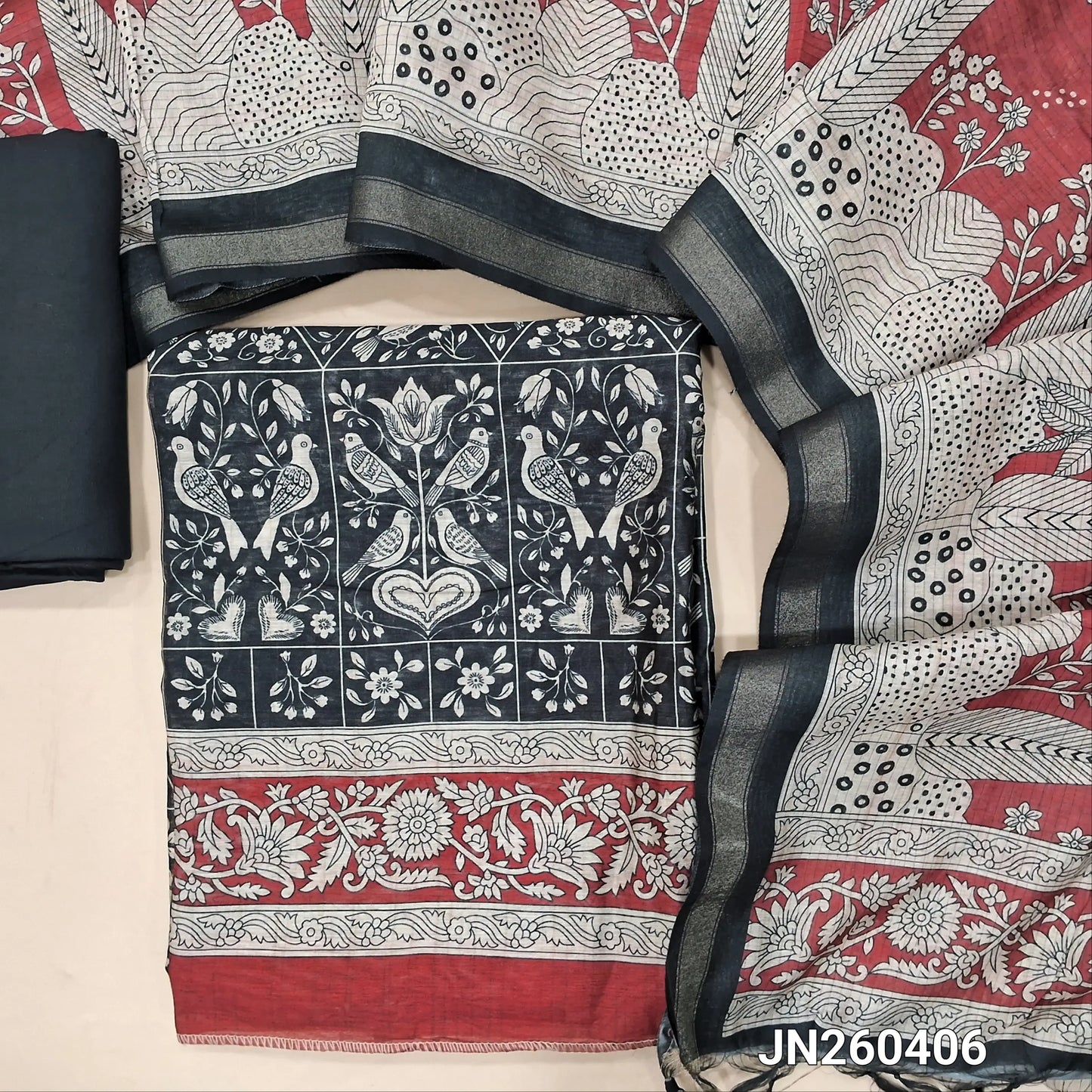 Black & maroon digital printed silk cotton unstitched salwar material(light weight,lining needed)bird printed all over,matching spun cotton bottom,digital printed soft silk cotton dupatta with gold tissue borders. JN260406