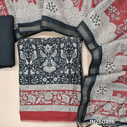 Black & maroon digital printed silk cotton unstitched salwar material(light weight,lining needed)bird printed all over,matching spun cotton bottom,digital printed soft silk cotton dupatta with gold tissue borders. JN260406