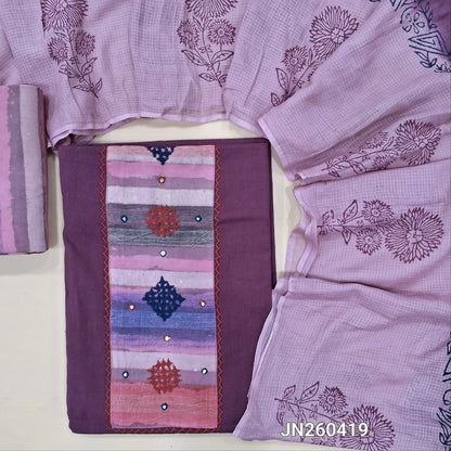 Purple shade premium pure cotton unstitched salwar material,hand embroidery &faux mirror work on yoke (soft,lining optional)block printed multicolour cotton bottom,hand block printed dual shaded soft kota cotton dupatta. JN260419