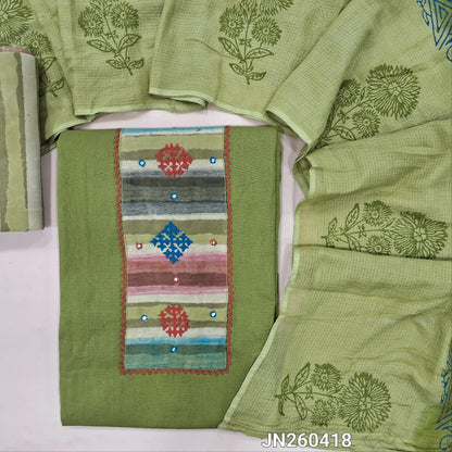 Light green premium pure cotton unstitched salwar material,hand embroidery &faux mirror work on yoke (soft,lining optional)block printed multicolour cotton bottom,hand block printed dual shaded soft kota cotton dupatta. JN260418