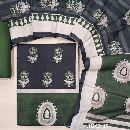 Black digital printed silk cotton unstitched salwar material(lining optional)panel design on front,ajrak prints all over, leafy green cotton bottom, digital printed soft silk cotton dupatta. JN260415