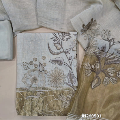 Rich beige premium silk cotton unstitched salwar material,zari buttas all over,silver& anti gold zari embroidery,tissue work on daman(lining needed)matching santoon bottom,soft silk cotton dupatta with silver gold tissue with zari work pallu. JN260501