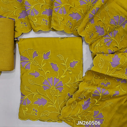Mehandhi yellow soft silk cotton unstitched salwar material (lining needed) embroidery work on front, self embroidery and applique patch work on daman ,matching santoon bottom, rich applique &self embroidery work on silk cotton dupatta. JN260506
