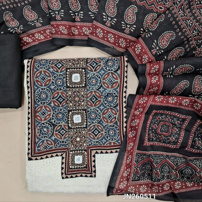 Off white base schiffli embroidered pure cotton unstitched salwar material, ajrak yoke patch & hand embroidery with real mirror work on yoke(lining needed)black cotton bottom, printed full length pure cotton dupatta. JN260511