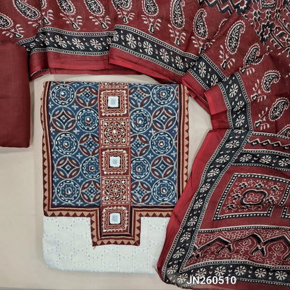 Off white base schiffli embroidered pure cotton unstitched salwar material, ajrak yoke patch & hand embroidery with real mirror work on yoke(lining needed) maroon cotton bottom, printed full length pure cotton dupatta. JN260510