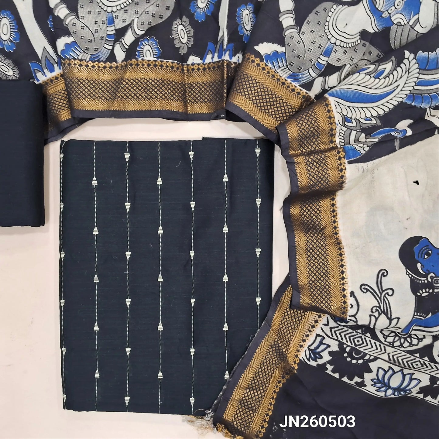 Black premium raw silk unstitched salwar material,thread weaving buttas all over, (textured, Lining needed) black silk bottom, pen kalamkari chennuri silk dupatta with nizam borders (INCONSISTENT STAINS ARE NOT DEFECTS).JN260503