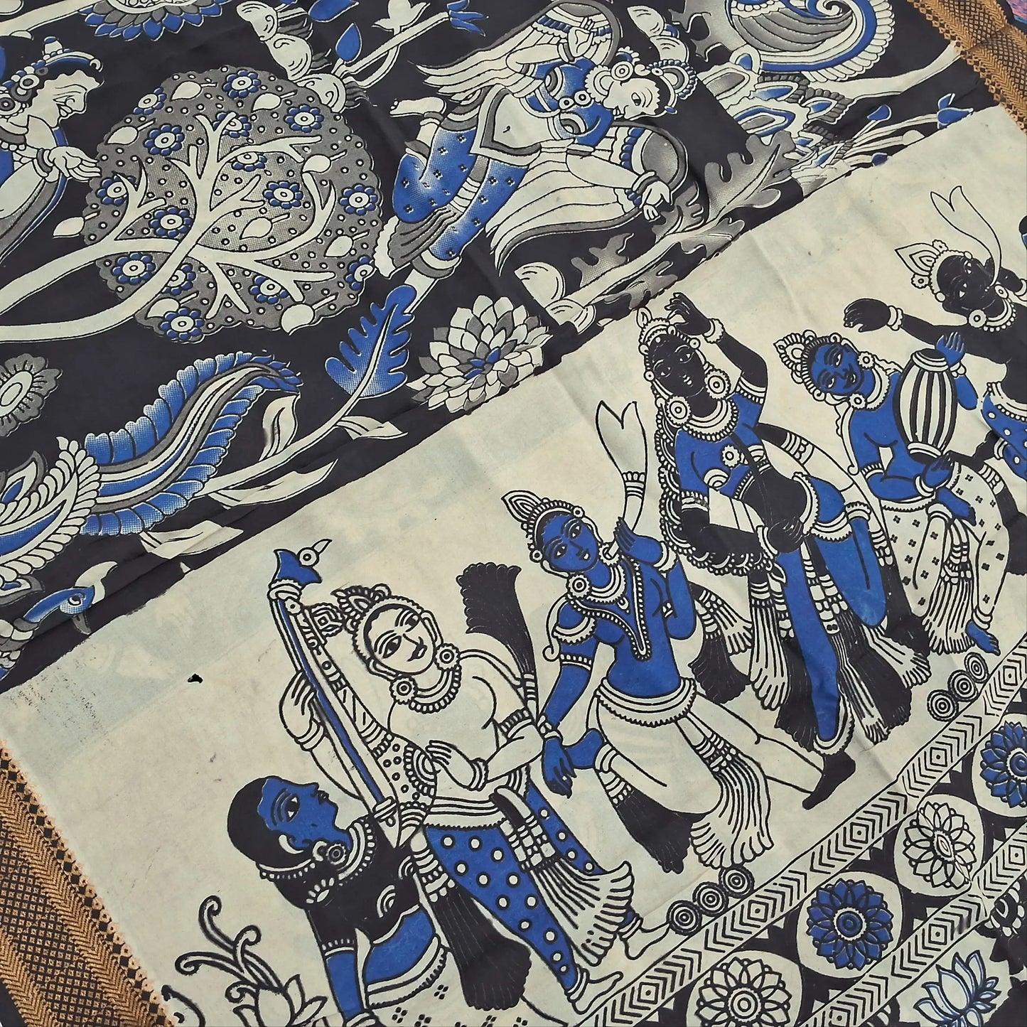 Black premium raw silk unstitched salwar material,thread weaving buttas all over, (textured, Lining needed) black silk bottom, pen kalamkari chennuri silk dupatta with nizam borders (INCONSISTENT STAINS ARE NOT DEFECTS).JN260503