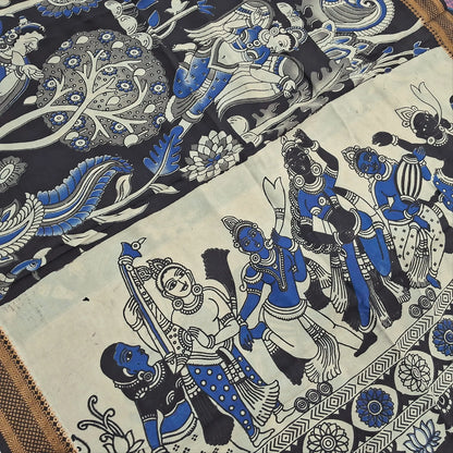 Black premium raw silk unstitched salwar material,thread weaving buttas all over, (textured, Lining needed) black silk bottom, pen kalamkari chennuri silk dupatta with nizam borders (INCONSISTENT STAINS ARE NOT DEFECTS).JN260503