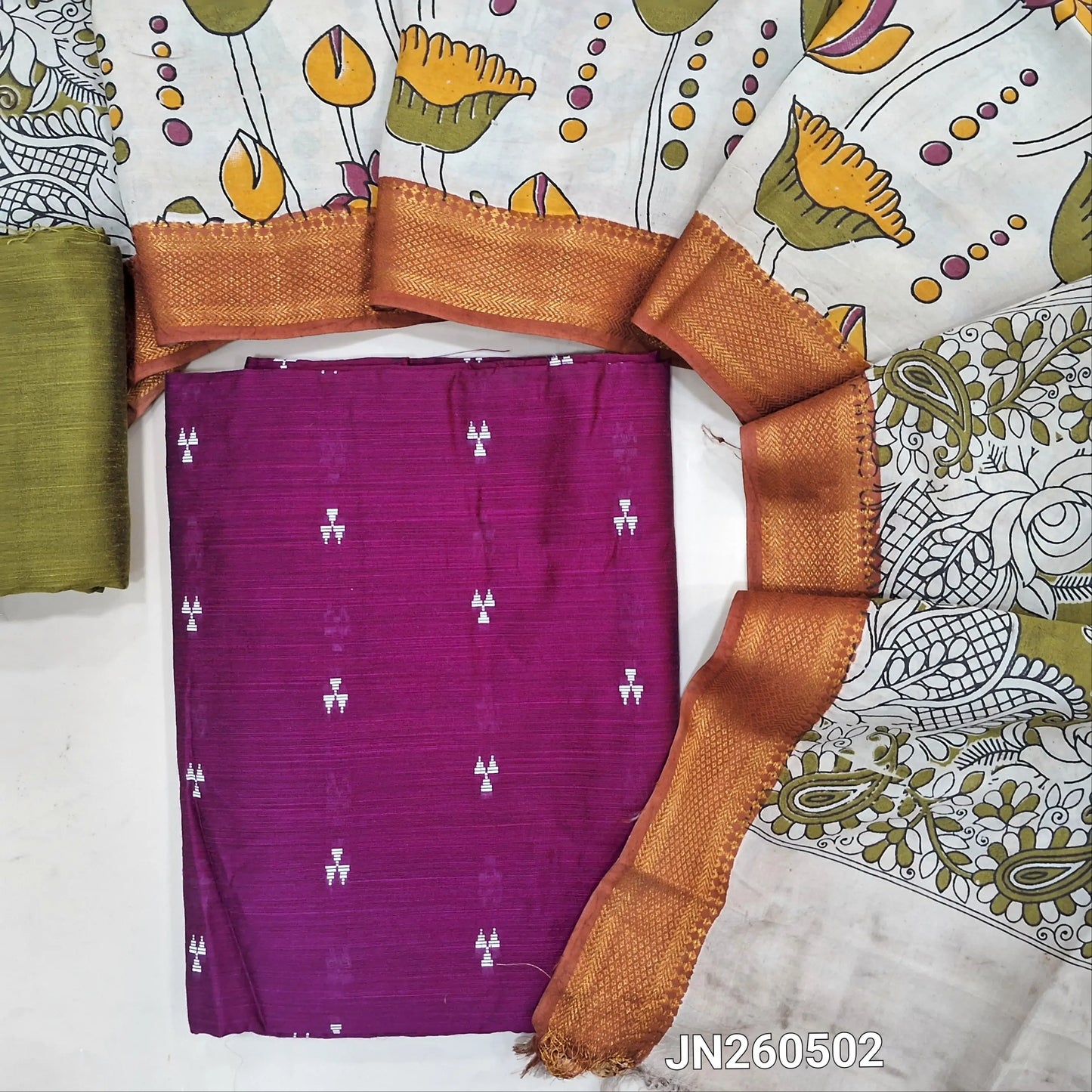 Purple premium raw silk unstitched salwar material,thread weaving buttas all over, (textured, Lining needed) mehandhi green silk bottom, pen kalamkari chennuri silk dupatta with nizam borders (INCONSISTENT STAINS ARE NOT DEFECTS).JN260502