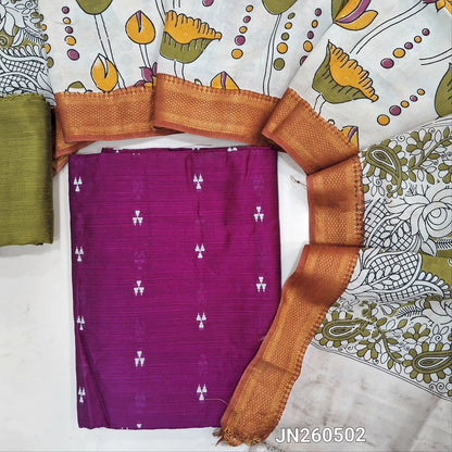 Purple premium raw silk unstitched salwar material,thread weaving buttas all over, (textured, Lining needed) mehandhi green silk bottom, pen kalamkari chennuri silk dupatta with nizam borders (INCONSISTENT STAINS ARE NOT DEFECTS).JN260502