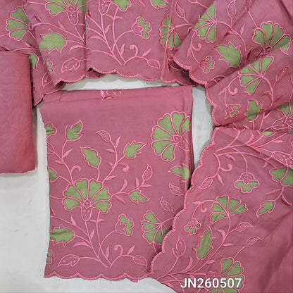 Pink soft silk cotton unstitched salwar material (lining needed) embroidery work on front, self embroidery and applique patch work on daman ,matching santoon bottom, rich applique &self embroidery work on silk cotton dupatta. JN260507