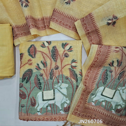 Sandal yellow jamdani woven silk cotton unstitched salwar material (lining needed)pichwai thread woven on daman, matching provided for lining, pichwai jamdani woven silk cotton full length dupatta. JN260706