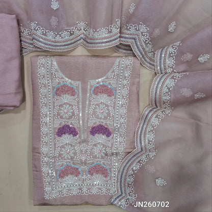 Pastel pink & silver tint organza silk unstitched salwar material, bead & sequins work on yoke(lining needed)matching santoon bottom, embroidered organza dupatta with scallop edges. JN260702