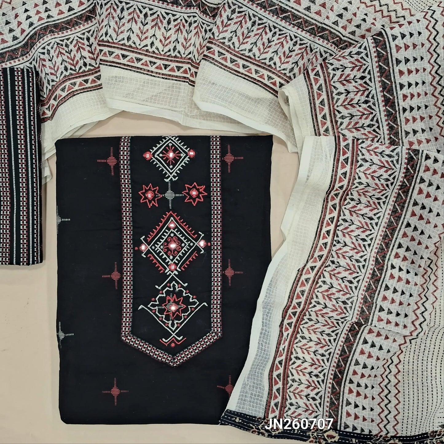 Black soft cotton unstitched salwar material, embroidery work  on yoke(lining optional)printed cotton bottom,block printed soft cotton dupatta. JN260707