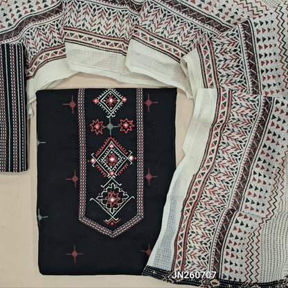 Black soft cotton unstitched salwar material, embroidery work  on yoke(lining optional)printed cotton bottom,block printed soft cotton dupatta. JN260707