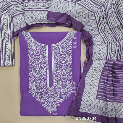 Lavender handloom cotton unstitched salwar material,thread embroidey & sequins work on yoke(lining optional) printed cotton bottom, printed cotton dupatta. JN260704