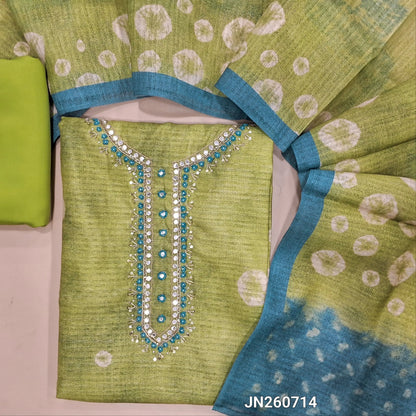 Pastel green jute silk unstitched salwar material ( lining needed) bandhini print allover, zardozi,cut,sugar bead work on yoke,matching silky bottom, digital printed jute silk dupatta. JN260714