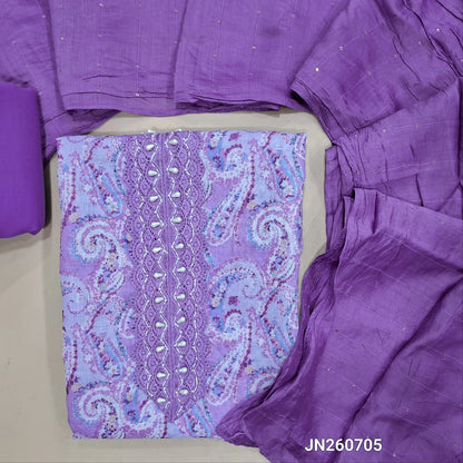 Lavender shade semi linen unstitched salwar material (lining needed)less & bead detailing work on yoke, dark purple bottom, sequins work on fancy silk cotton dupatta. JN260705