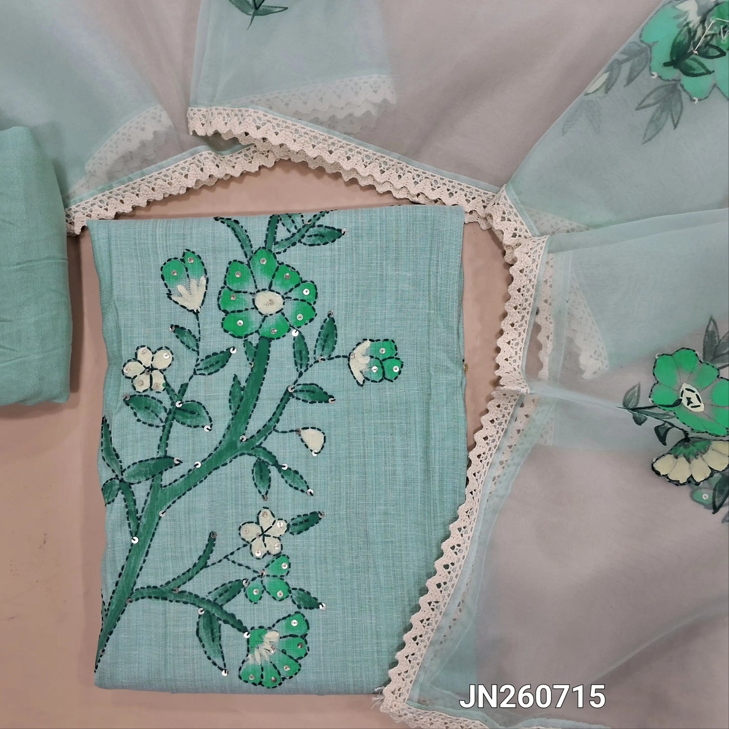 Designer pastel blue cotton unstitched salwar material,hand embroidery,brush paint & kantha stitch work on daman(lining needed) matching bottom, hand embroidered & bursh paint work on organza dupatta. JN260715