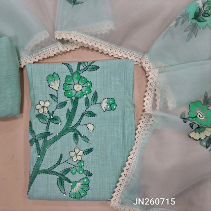 Designer pastel blue cotton unstitched salwar material,hand embroidery,brush paint & kantha stitch work on daman(lining needed) matching bottom, hand embroidered & bursh paint work on organza dupatta. JN260715
