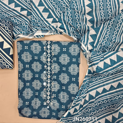 Blue pure cotton unstitched salwar material, sequins work on yoke, floral printed all over,(lining optional) printed cotton bottom, printed pure mul cotton full length dupatta. JN260711
