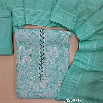 Pastel blue schiffli embroidered  pure cotton unstitched salwar material, embroidered yoke,(lining needed) cotton fabric provided for lining , NO BOTTOM,self design on mul cotton dupatta. JN260717