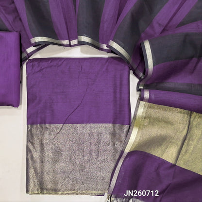 Dark purple soft silk cotton unstitched salwar material (lining needed) gold tissue detailing on daman,matching silk cotton bottom, soft silk cotton dupatta with gold tissue pallu. JN260712