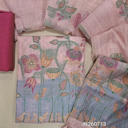 Pastel pink thread woven silk cotton unstitched salwar material (lining needed) thread weaving all over, matching silk cotton bottom, thread woven silk cotton full length dupatta with fancy tassels. JN260713