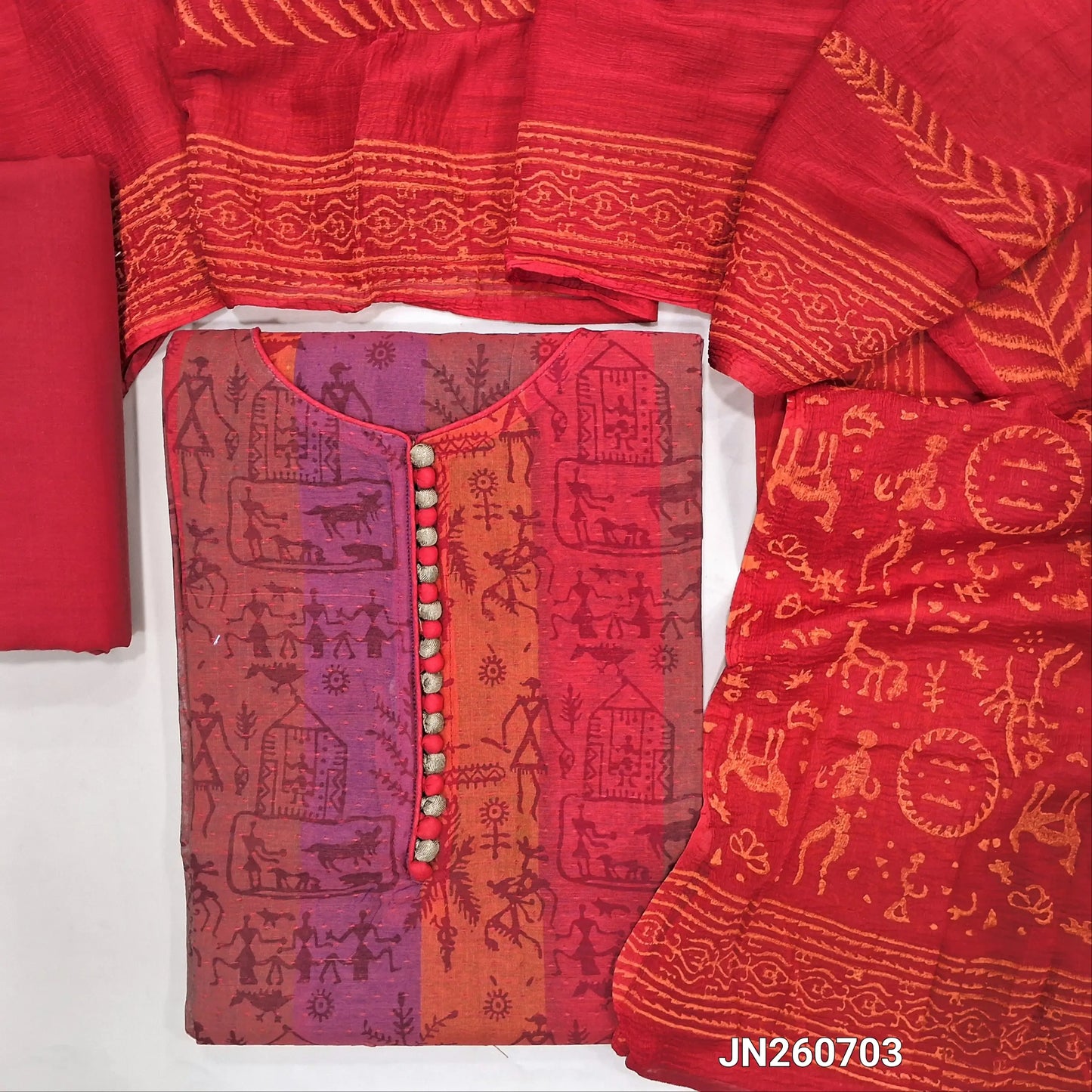 Red warli printed silk cotton unstitched salwar material , potli buttons on yoke(lining needed) cotton bottom, hand block printed fancy chiffon dupatta.JN260703