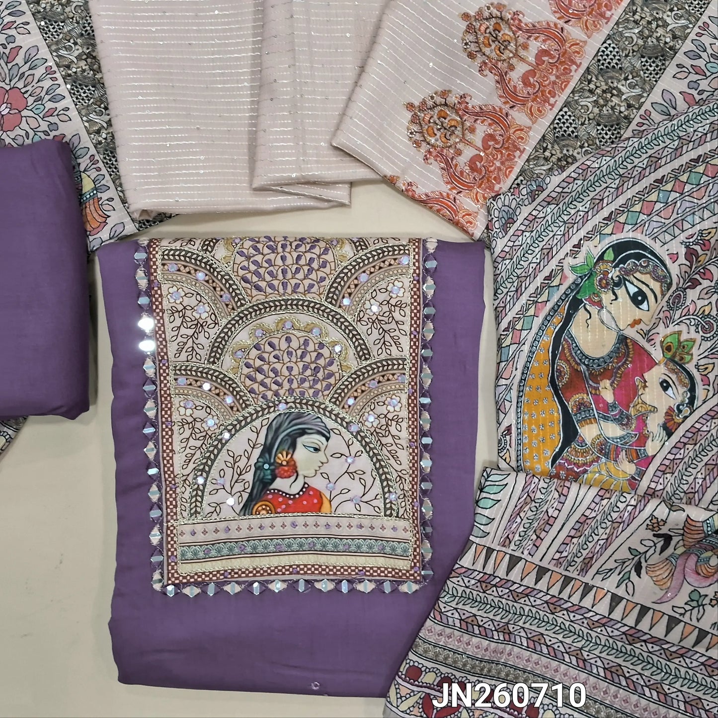 Dark mauve silk cotton unstitched salwar material (lining needed)digital print & real mirror work on yoke, faux mirror work on front,matching spun cotton bottom,  digital printed silk cotton dupatta with mandhubani printed pallu. JN260710