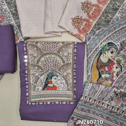 Dark mauve silk cotton unstitched salwar material (lining needed)digital print & real mirror work on yoke, faux mirror work on front,matching spun cotton bottom,  digital printed silk cotton dupatta with mandhubani printed pallu. JN260710