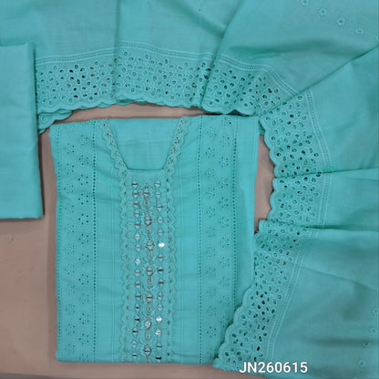 Pastel blue schiffli embroidered soft glazed cotton unstitched salwar material(lining needed) lace detailing & real mirror work on yoke,embroidery allover, cotton bottom, schiffli embroidered & cut work, mul cotton dupatta with scallop borders.JN260615