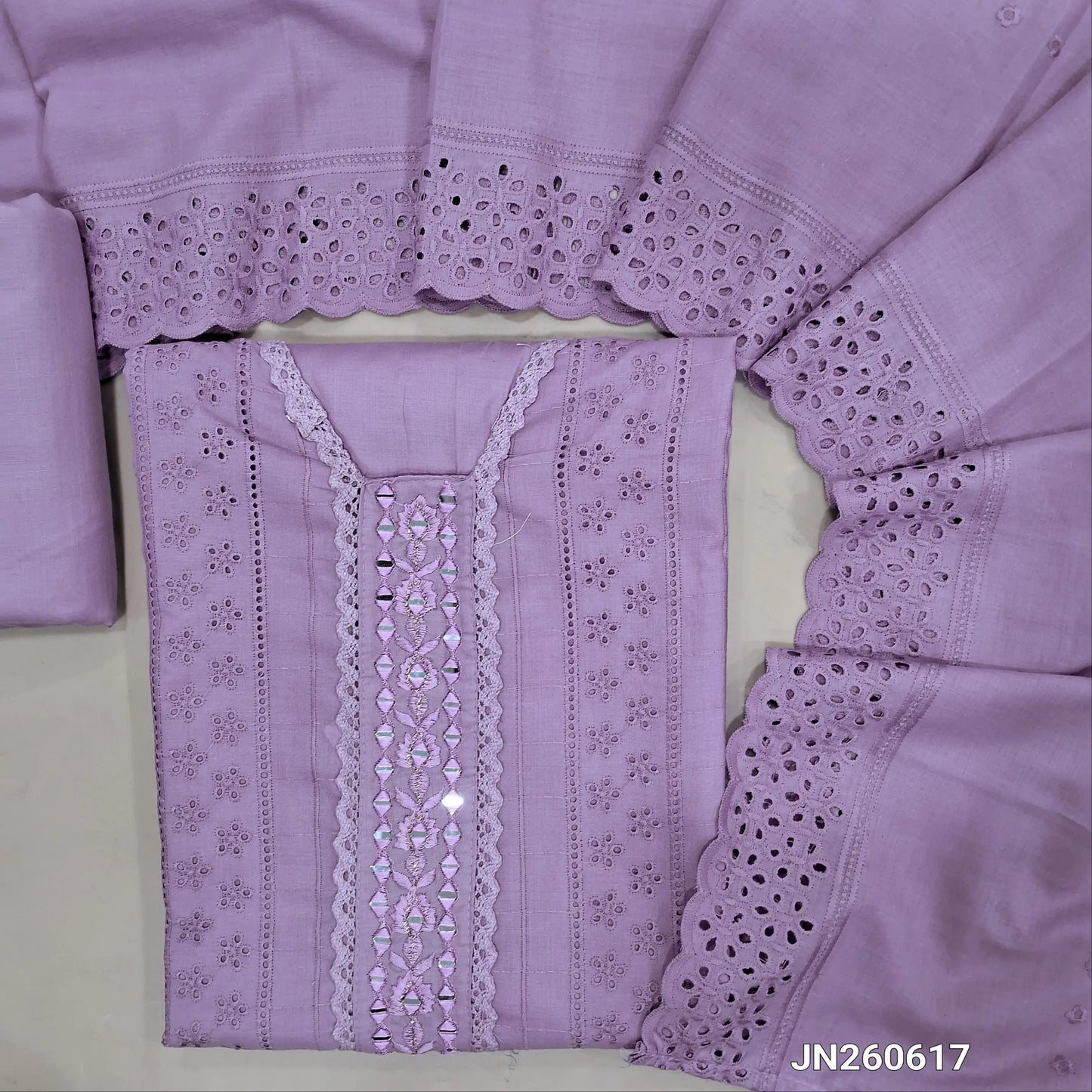 Light purple schiffli embroidered soft glazed cotton unstitched salwar material(lining needed) lace detailing & real mirror work on yoke,embroidery allover, cotton bottom, schiffli embroidered & cut work, mul cotton dupatta with scallop borders.JN260617