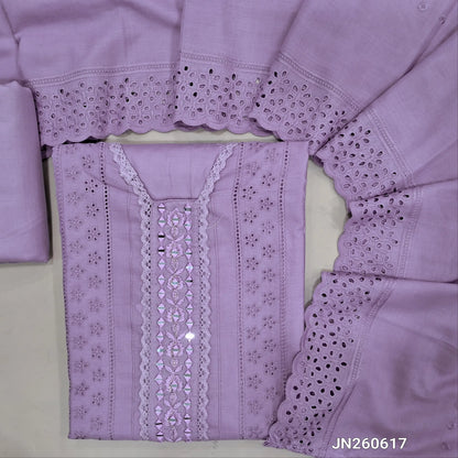 Light purple schiffli embroidered soft glazed cotton unstitched salwar material(lining needed) lace detailing & real mirror work on yoke,embroidery allover, cotton bottom, schiffli embroidered & cut work, mul cotton dupatta with scallop borders.JN260617