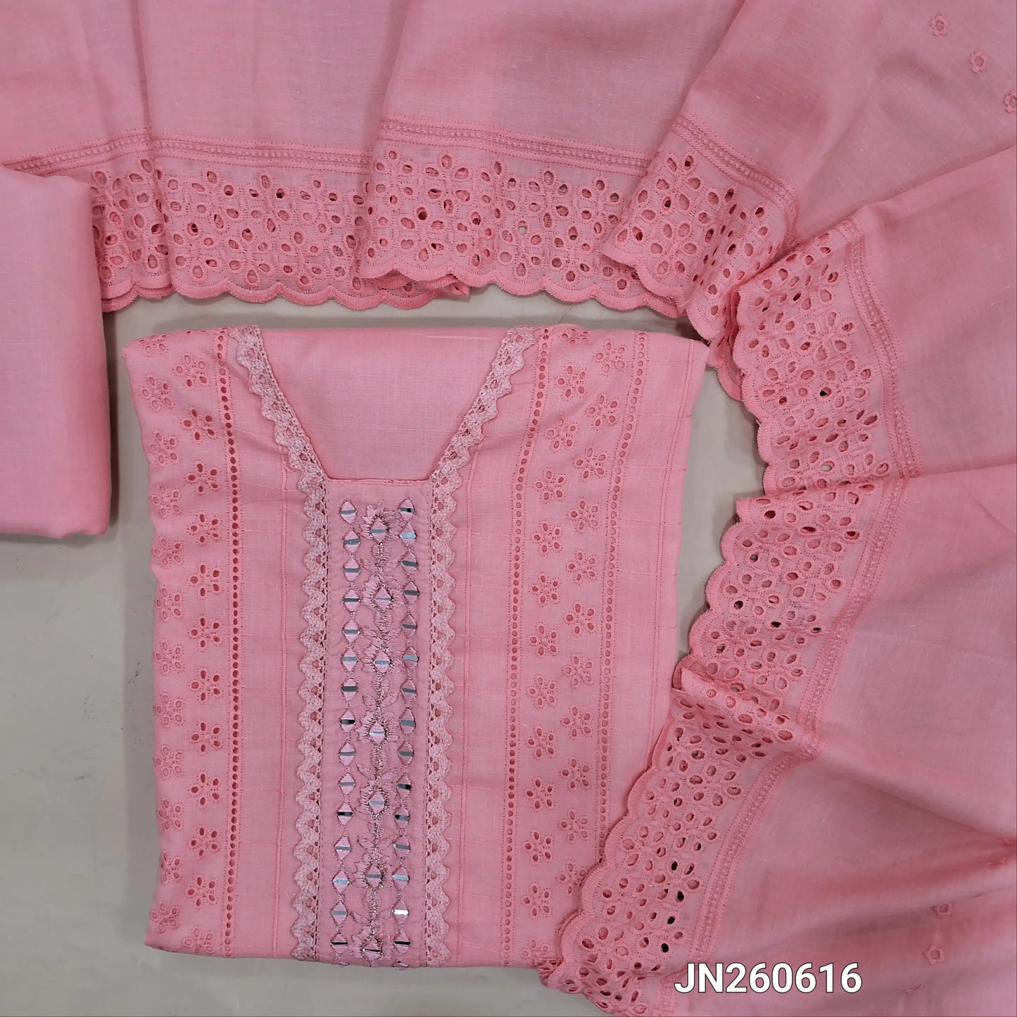 Pastel pink schiffli embroidered soft glazed cotton unstitched salwar material(lining needed) lace detailing & real mirror work on yoke,embroidery allover, cotton bottom, schiffli embroidered & cut work, mul cotton dupatta with scallop borders.JN260616