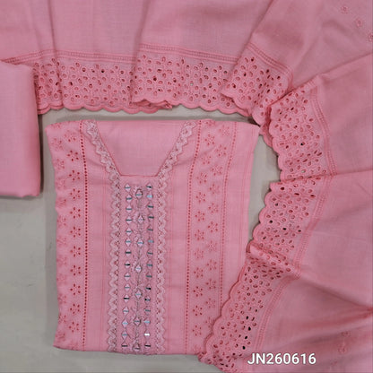 Pastel pink schiffli embroidered soft glazed cotton unstitched salwar material(lining needed) lace detailing & real mirror work on yoke,embroidery allover, cotton bottom, schiffli embroidered & cut work, mul cotton dupatta with scallop borders.JN260616