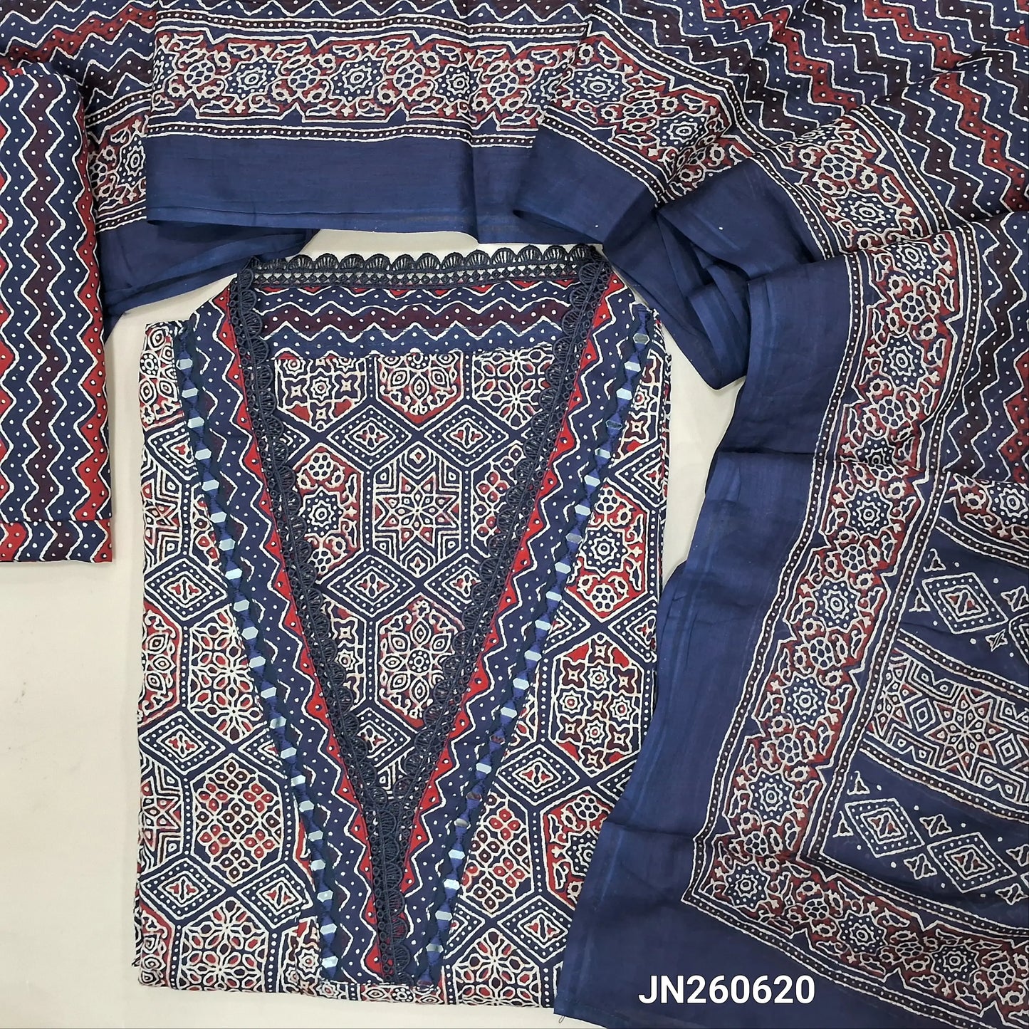 Dark blue ajrak hand block printed pure cotton unstitched salwar material,collared neck with real mirror(lining optional)printed cotton bottom,printed full length mul cotton dupatta.JN260620