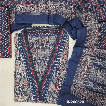 Dark blue ajrak hand block printed pure cotton unstitched salwar material,collared neck with real mirror(lining optional)printed cotton bottom,printed full length mul cotton dupatta.JN260620