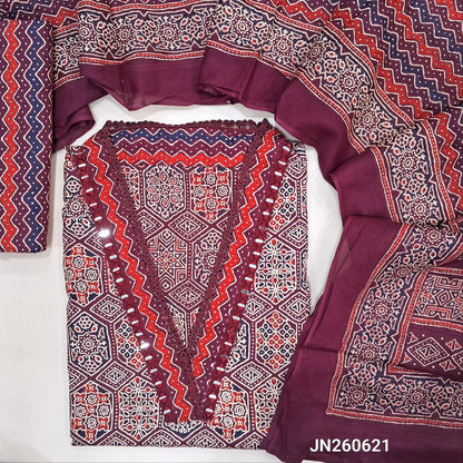 Dark maroon ajrak hand block printed pure cotton unstitched salwar material,collared neck with real mirror(lining optional)printed cotton bottom,printed full length mul cotton dupatta.JN260621