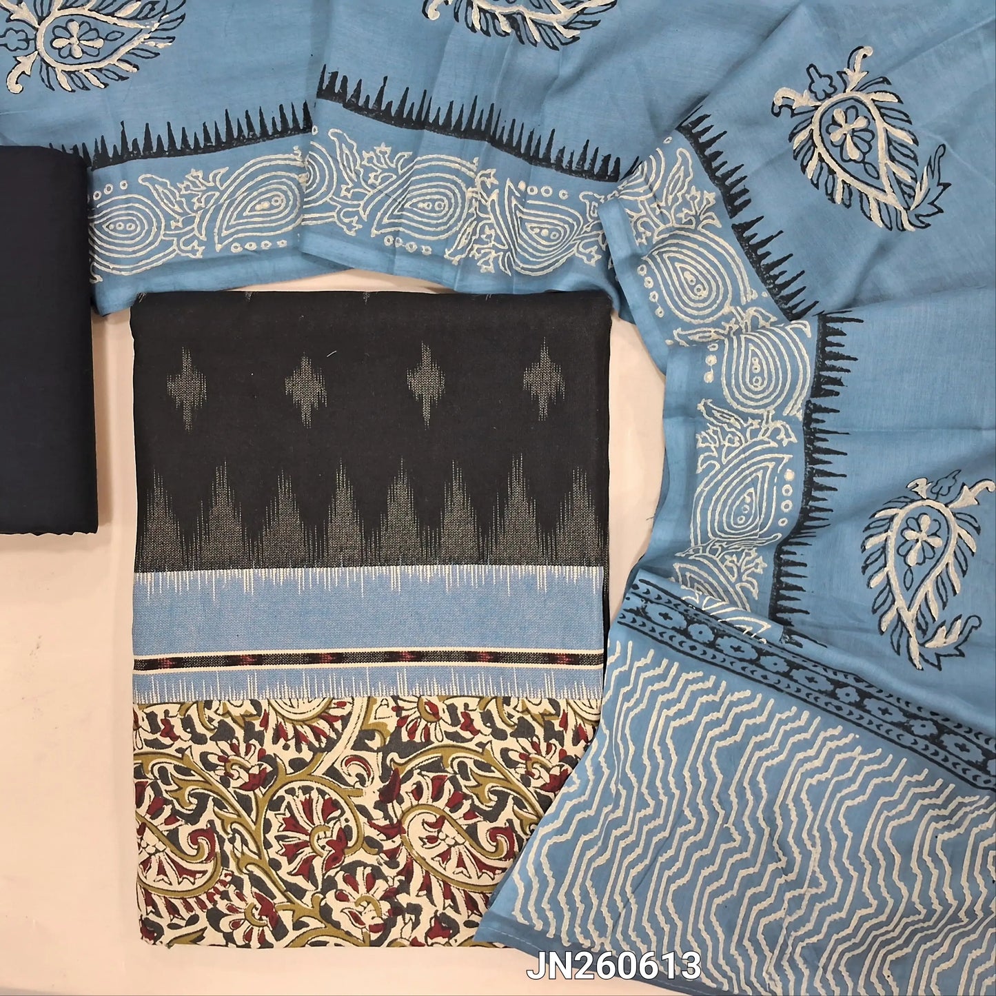 Black ikat woven premium handloom cotton unstitched salwar material,faux mirror on front,block printed kalamkari daman,(lining optional)(blueish grey) cotton bottom, block printed mul cotton dupatta. JN260613