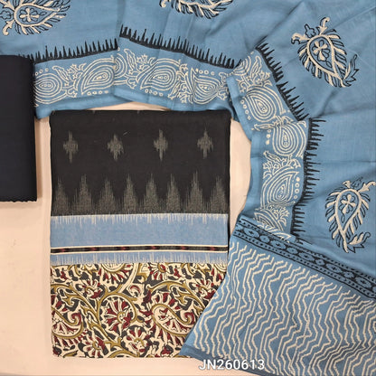 Black ikat woven premium handloom cotton unstitched salwar material,faux mirror on front,block printed kalamkari daman,(lining optional)(blueish grey) cotton bottom, block printed mul cotton dupatta. JN260613