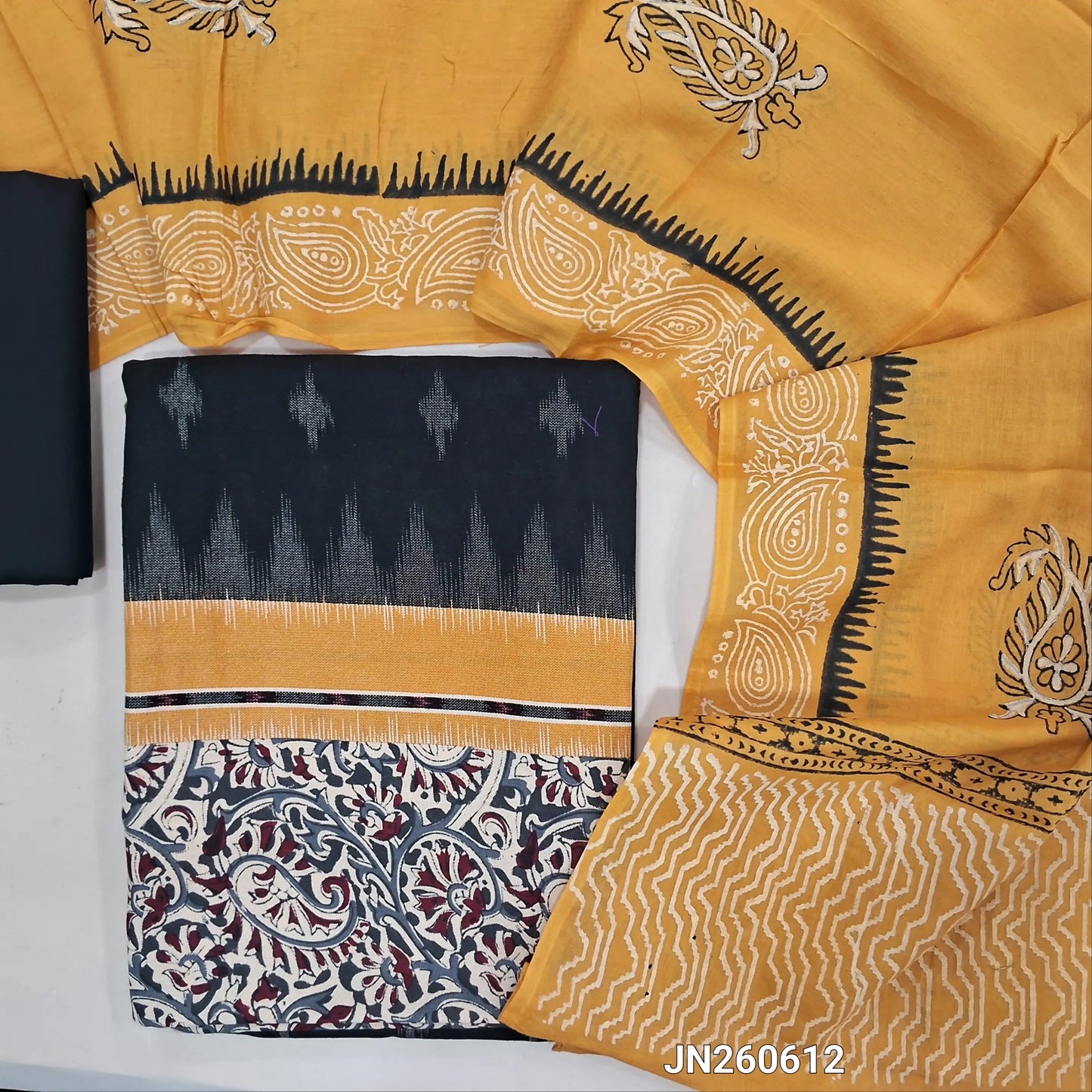 Black ikat woven premium handloom cotton unstitched salwar material,faux mirror on front,block printed kalamkari daman,(lining optional)(sandal yellow) cotton bottom, block printed mul cotton dupatta. JN260612