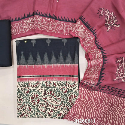 Black ikat woven premium handloom cotton unstitched salwar material,faux mirror on front,block printed kalamkari daman,(lining optional)(pink)cotton bottom, block printed mul cotton dupatta. JN260611