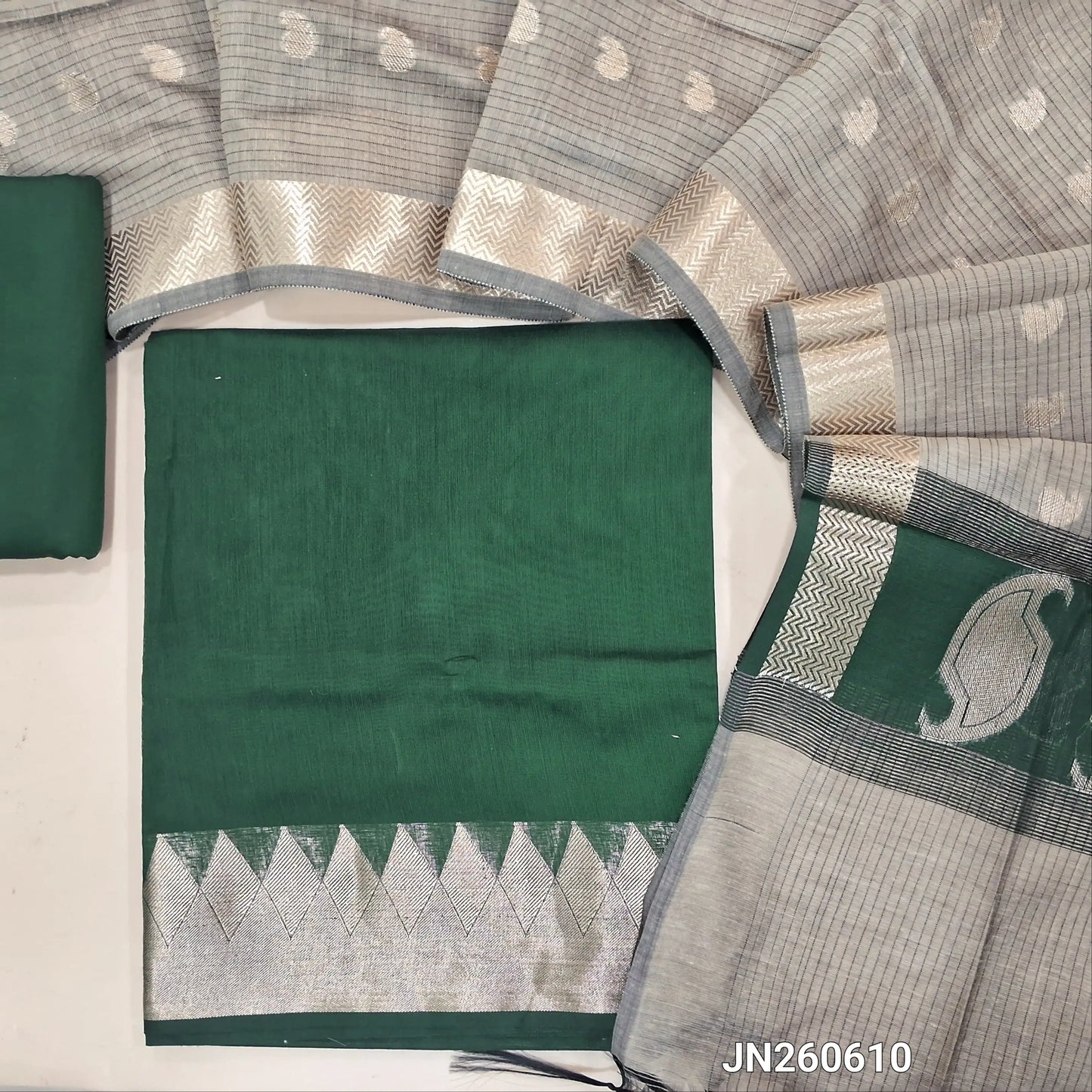 Dark green maheshwari silk cotton unstitched salwar material( soft,lining needed) benarasi zari woven borders,matching silk cotton bottom, Maheshwari silk cotton zari buttas dupatta with pallu. JN260610